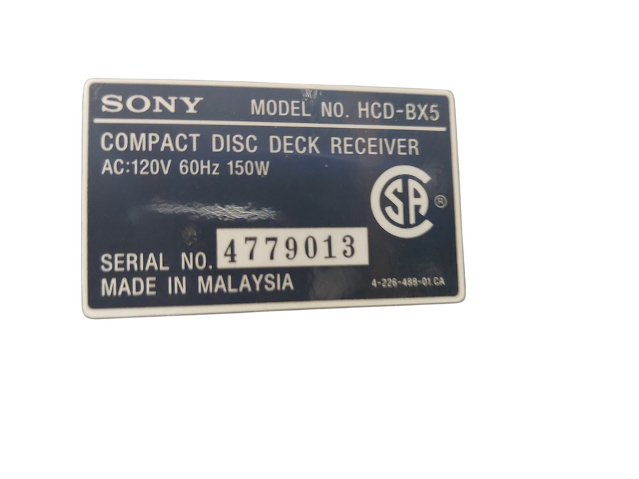 Sony Stereo Compact Disc Deck Receiver Model: HCD-BX5
