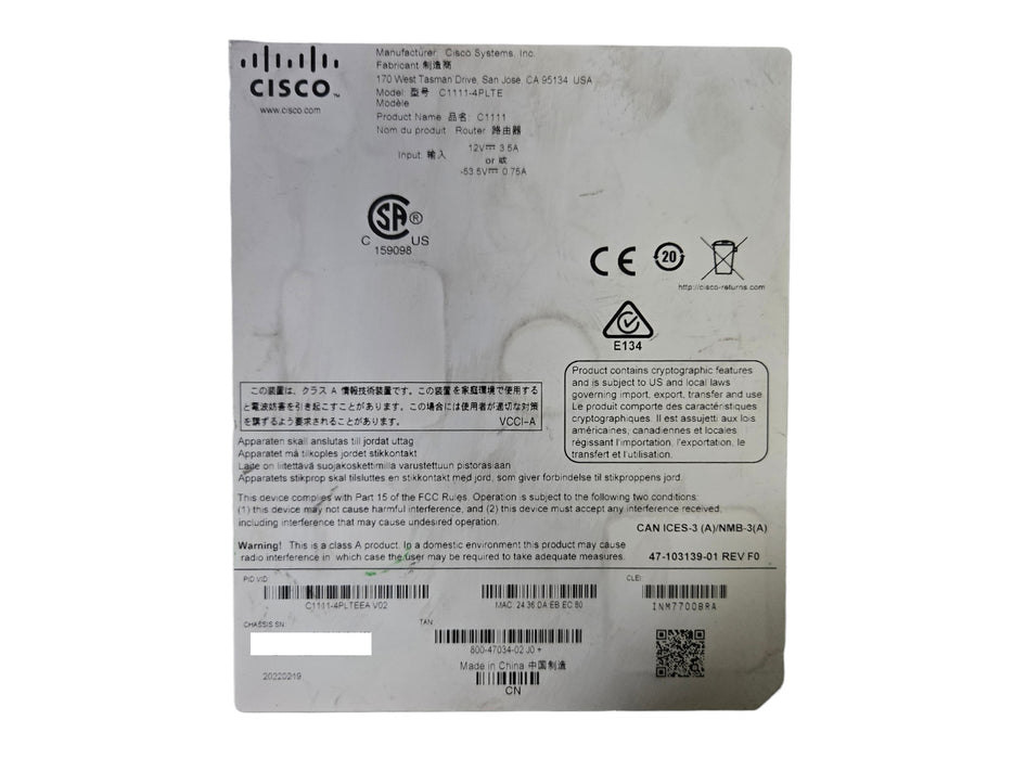 Cisco ISR 1100 C1111-4PLTE - Integrated Services Router 4-Port LTE