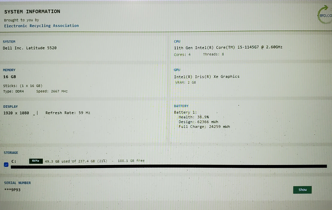 Dell Latitude 5520 i5-1145G7 16GB DDR4 256GB NVMe READ