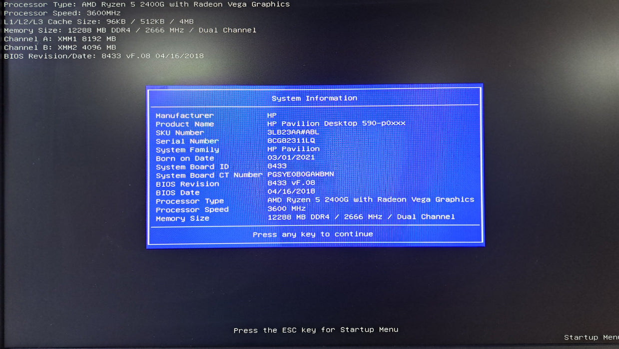 HP Pavilion Desktop 590-p0xxx - AMD Ryzen 5 2400G 3.60GHz 12GB DDR4 512GB NVMe