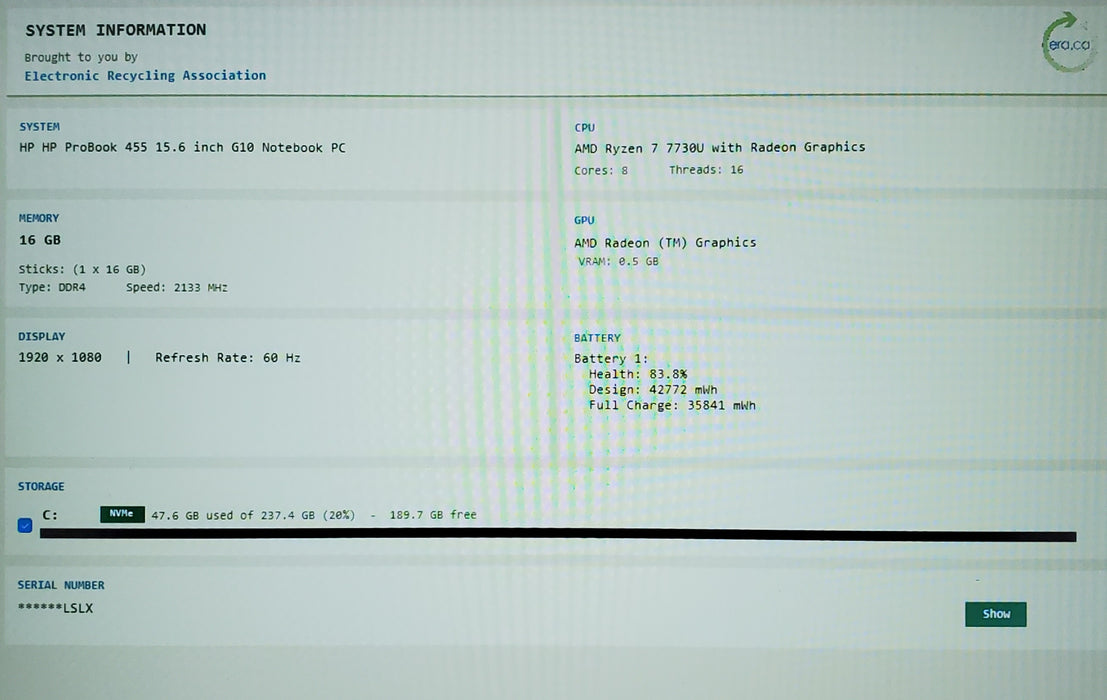 HP ProBook 455 G10 AMD Ryzen 7 7730U@2GHz 16GB RAM 256GB SSD READ