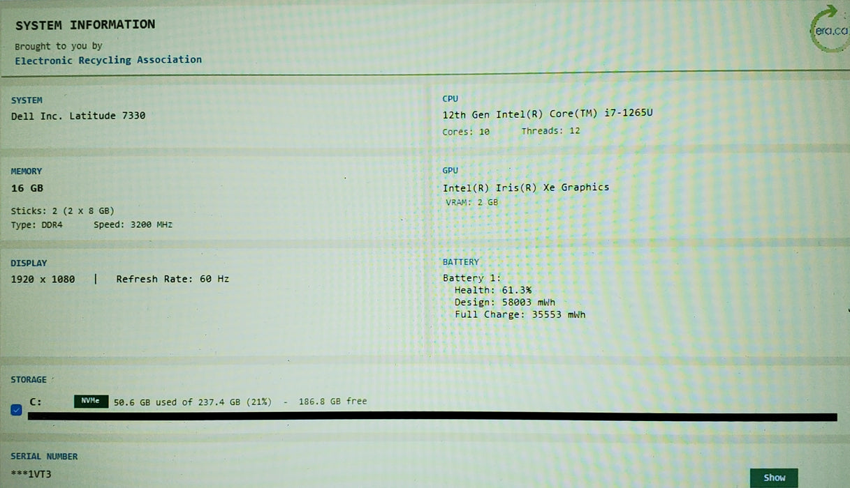 Dell Latitude 7330 Core i7-1265U 1.80GHz 16GB RAM 256GB SSD