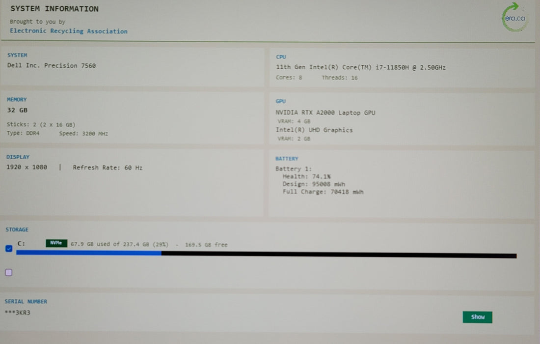 Dell Precision 7560 15" i7-11850H 32GB DDR4 RTX A2000 256GB NVMe