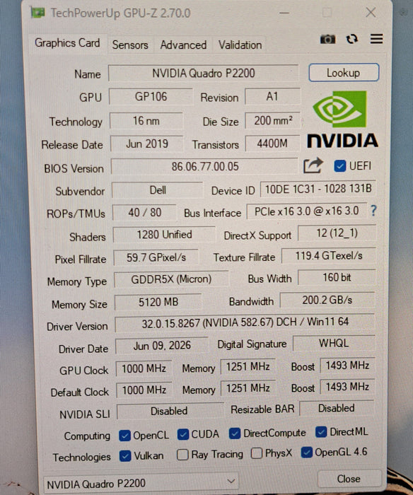 Dell NVIDIA Quadro P2200 5GB GDDR5X Graphics Card DP/N 0PX8M5
