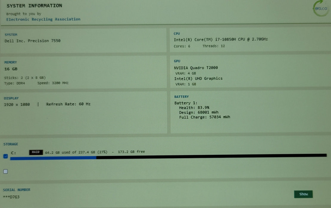 Dell Precision 7550 i7-10850H 16GB DDR4 Quadro T2000 256GB NVMe