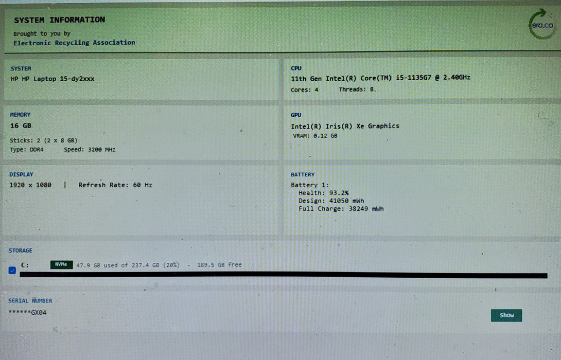 HP Laptop 15-DY2088CA Intel i5-1135G7 16GB RAM 256GB SSD