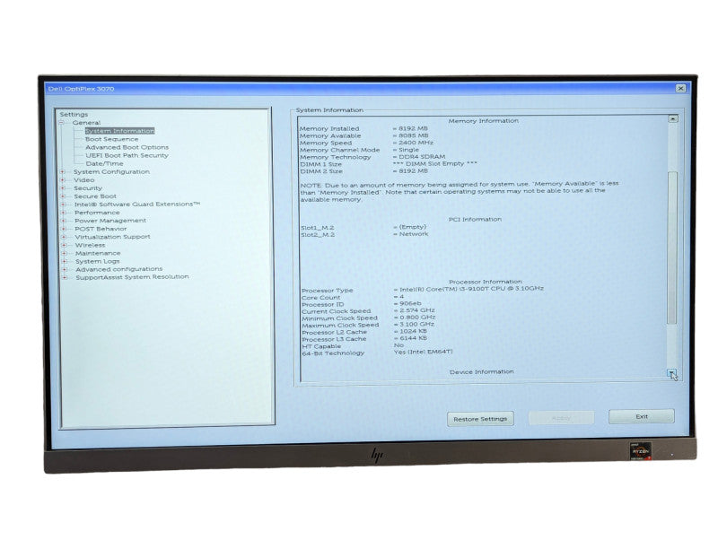 DELL OptiPlex 3070 Intel Core i3-9100T @3.10GHz , 8GB RAM , 256GB SSD  -