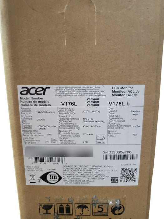 Acer V176L b - 17" 1280x1024 5ms TN LED LCD Monitor D-Sub