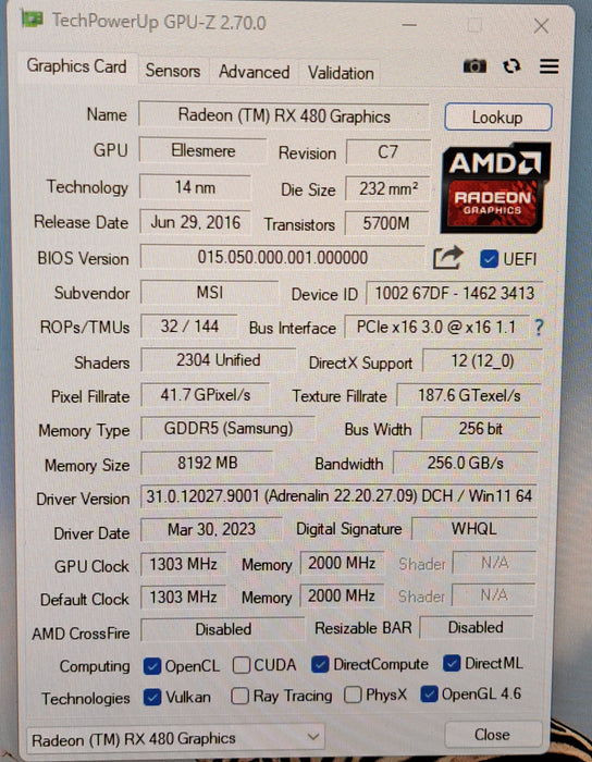 MSI Radeon RX 480 GAMING X 8G - 8GB GDDR5 Graphics Card
