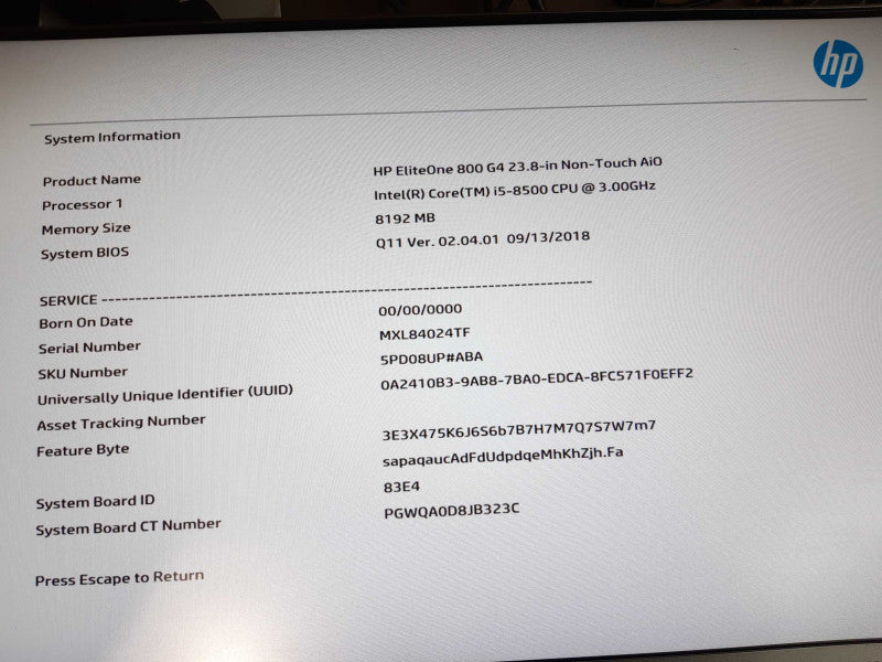 HP EliteOne AIO 23.8\\" Intel i5-8500 3GHz 8GB DDR4, No HDD/SSD, Read Q