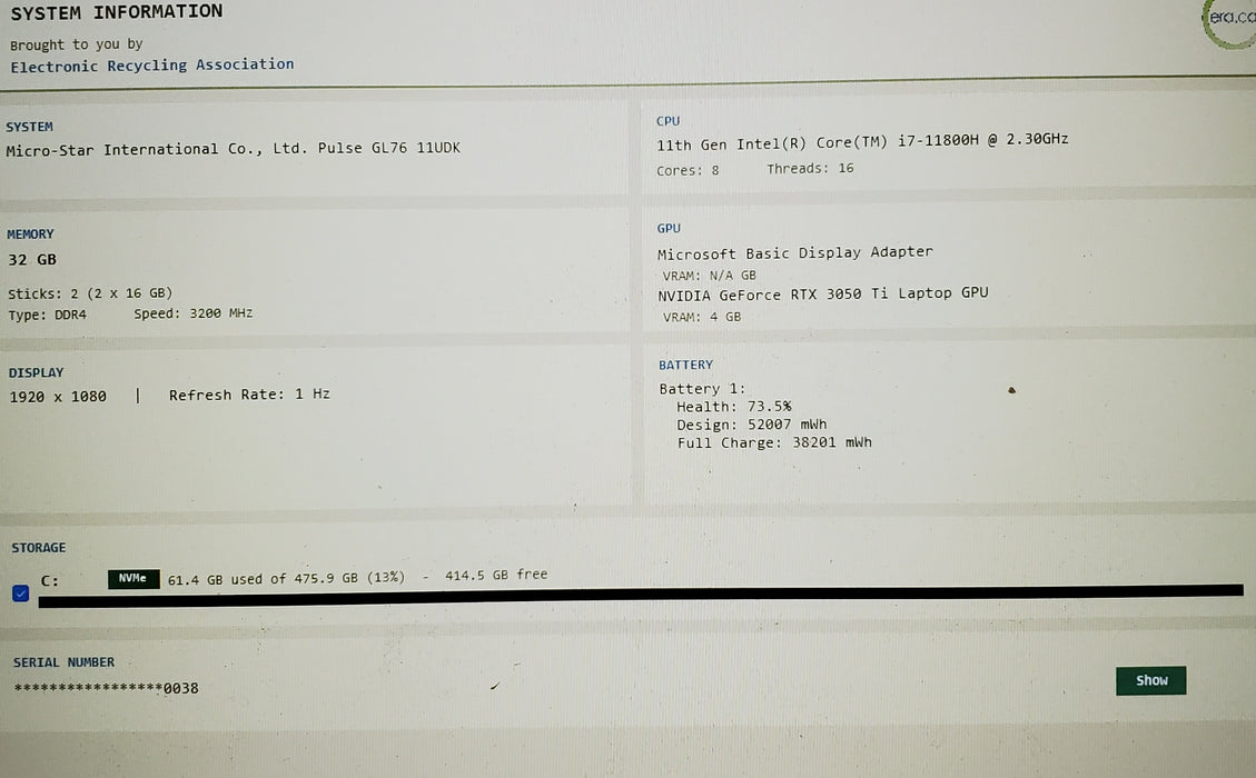MSI Pulse GL76 i7-11800H 32GB DDR4 4GB RTX 3050 512GB NVMe READ