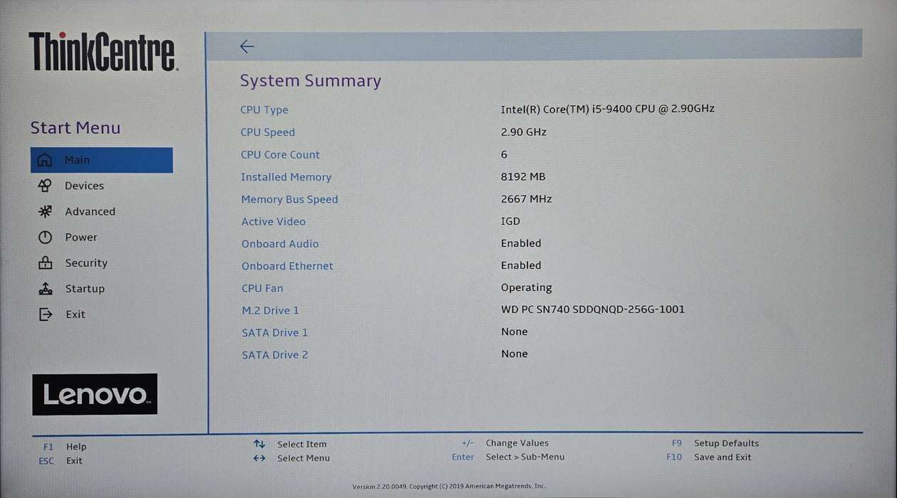 Lenovo ThinkCentre M720e SFF, Core i5-9400 8GB RAM 256GB NVMe