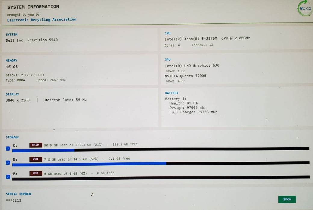 Dell Precision 5540 4K TOUCH Xeon E-2276M 2.8GHz 16GB RAM 256GB SSD T2000 READ