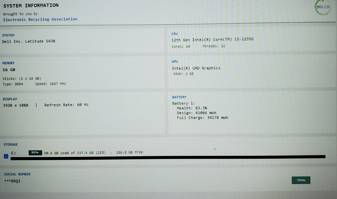 Dell Latitude 5430 14" i5-1235U 16GB DDR4 256GB NVMe READ