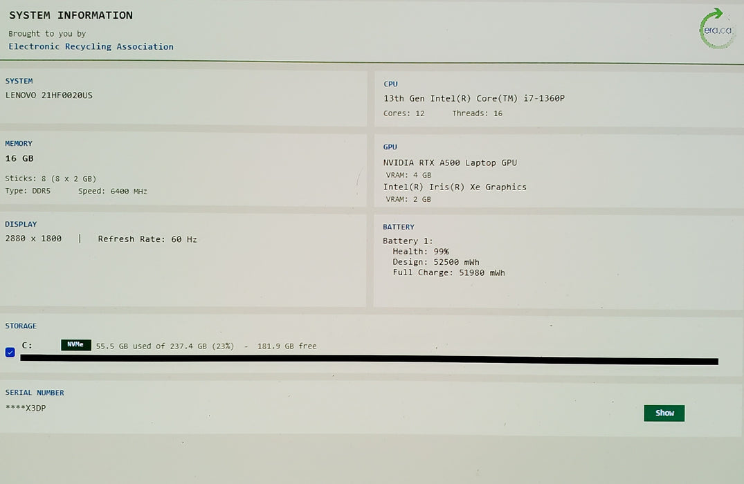 Lenovo ThinkPad P14s Gen 4  2.5k i7-1360P 1.9GHz 16GB RAM 256GB SSD RTX A500