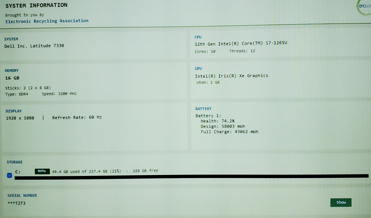 Dell Latitude 7330 Core i7-1265U 1.80GHz 16GB RAM 256GB SSD