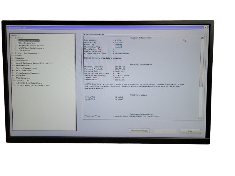 DELL OPTIPLEX 3060 i3 - 8100T CPU @ 3.20GHz 16GB DDR4 Ram QÎ¸