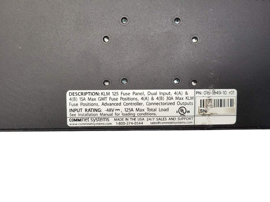 comm/net systems KLM 125 Fuse Panel 016-1849-10 r01 - -48V 125A Dual Input