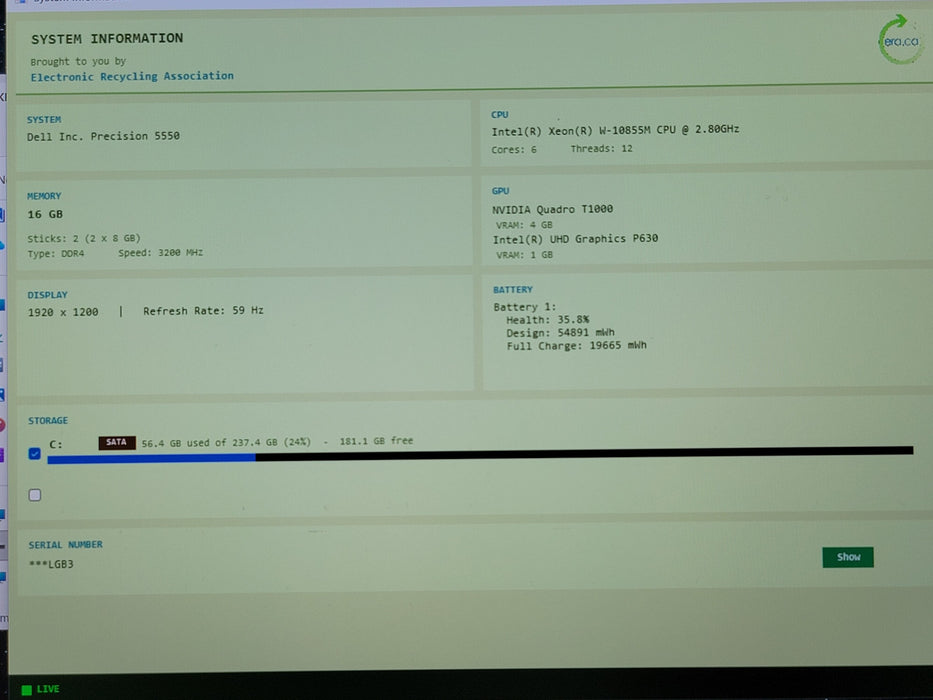 Dell Precision 5550 Xeon W-10855M 16GB RAM Quadro T1000 256GB NVMe