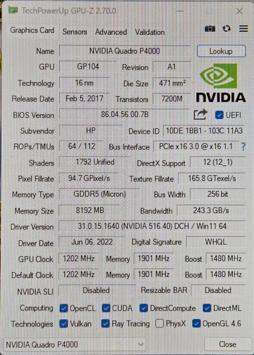 NVIDIA Quadro P4000 8GB GDDR5 4x DisplayPort Workstation GPU