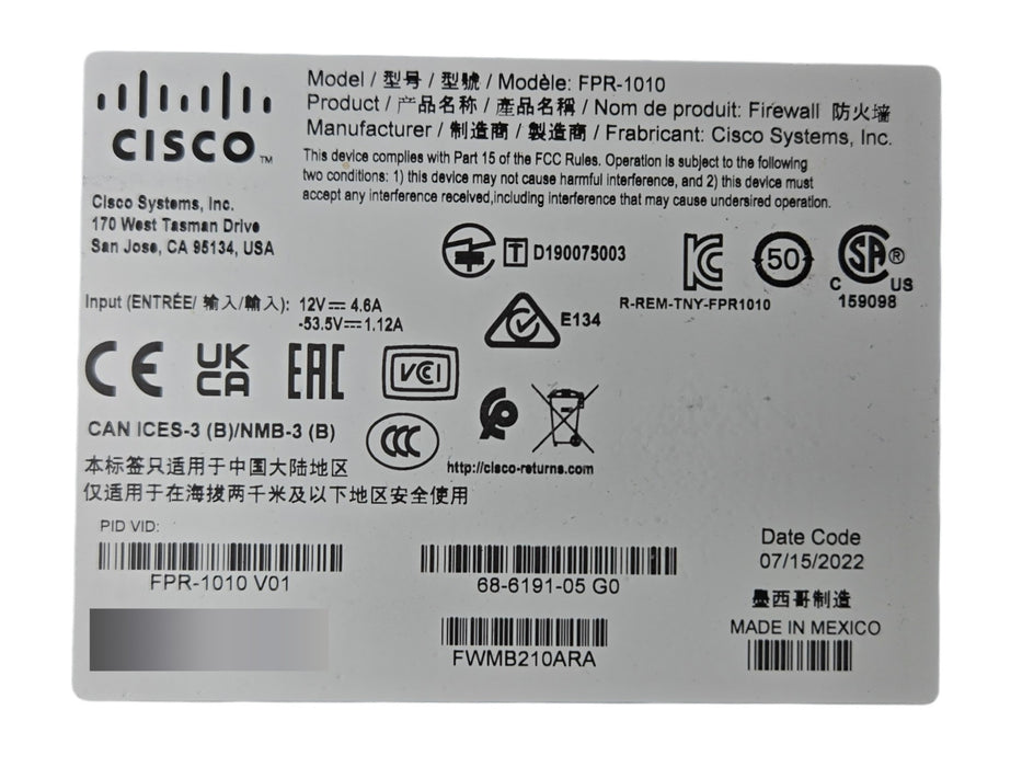 Cisco Firepower 1010 FPR-1010 Security Appliance Firewall w/ AC Adapter