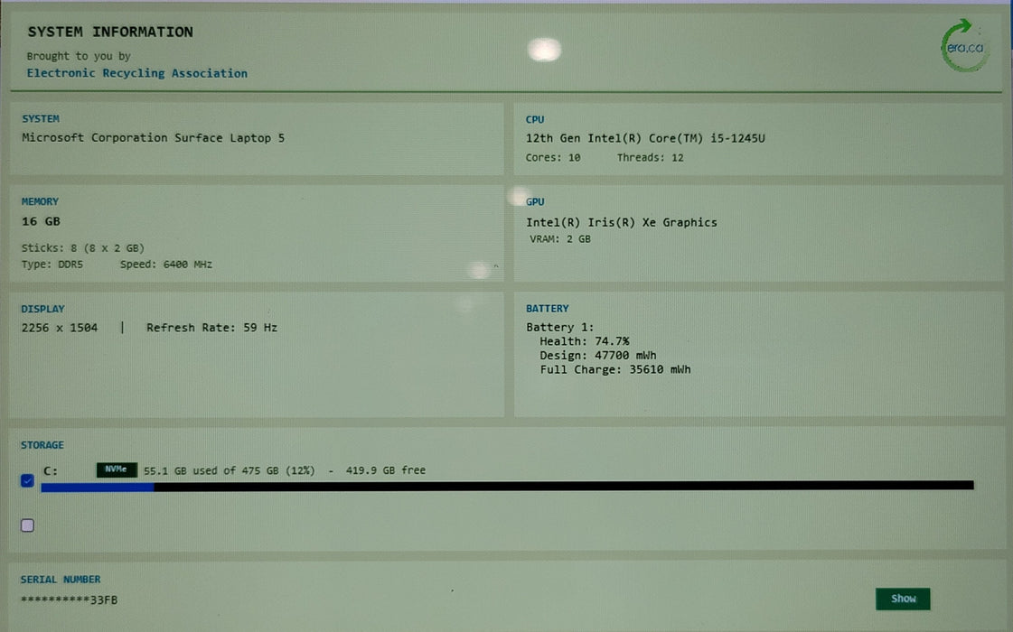 Microsoft Surface Laptop 5 1951 i5-1245U 16GB RAM 512GB NVMe READ