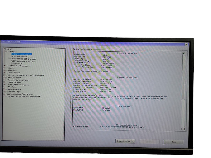 Dell OptiPlex 3070 Micro i3 - 9100T CPU @ 3.10GHz  16GB DDR4 Ram Î¸
