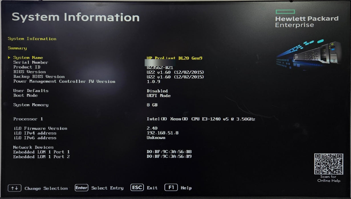 HP ProLiant DL20 Gen9 - Xeon E3-1240 v5 8GB H240 1x PSU