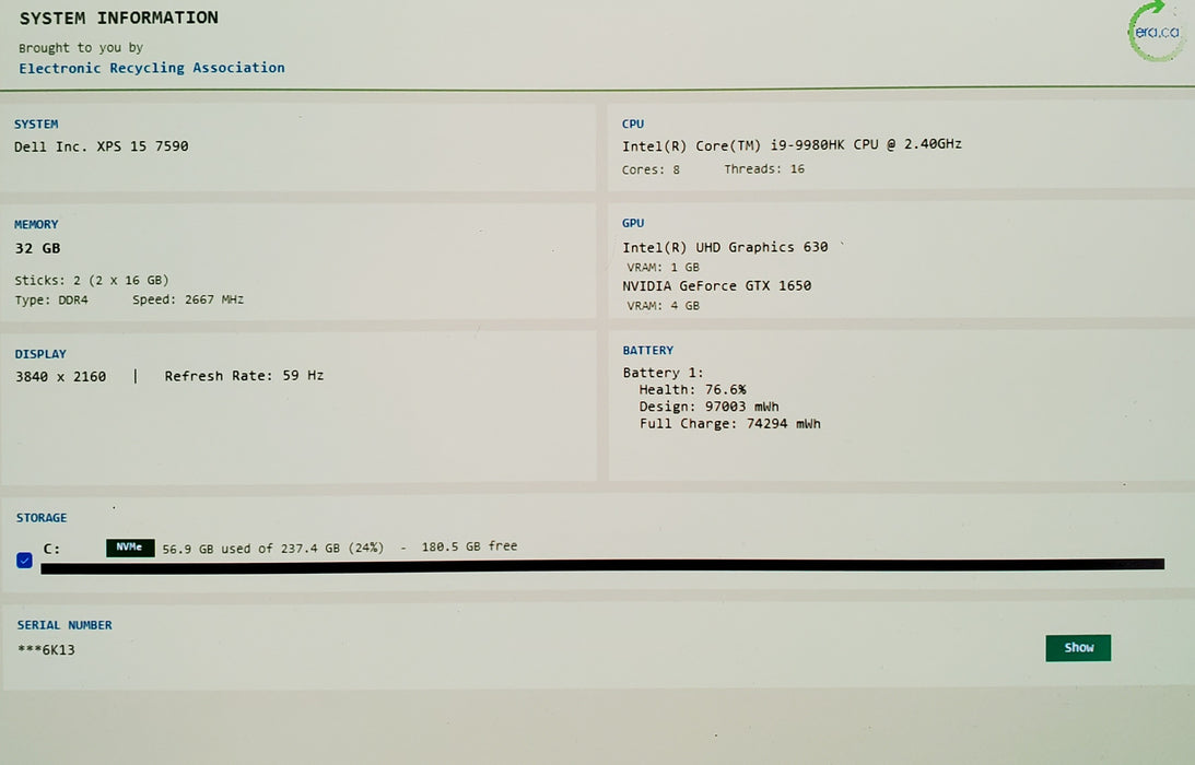 Dell XPS 15 7590 4K 15" i9-9980HK GTX1650 4GB GPU 32GB RAM 256GB SSD READ