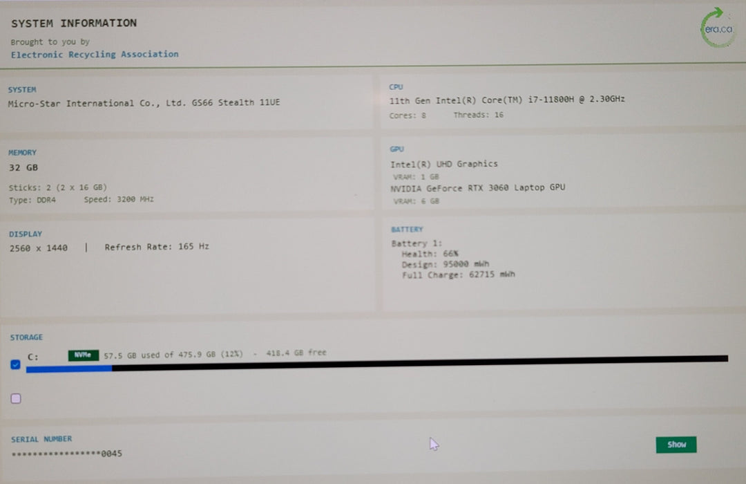 MSI GS66 Stealth 11UE i7-11800H 32GB DDR4 6GB RTX 3060 512GB NVMe NO ADAPTER