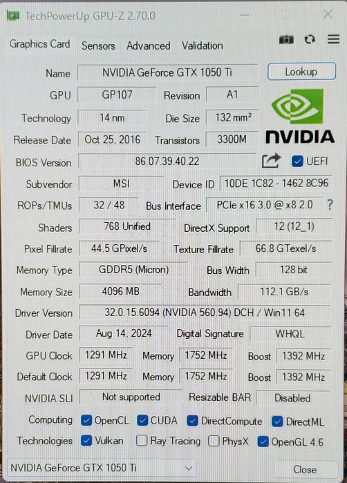 MSI GeForce GTX 1050 Ti 4GT LP 4GB GDDR5 Graphics Card