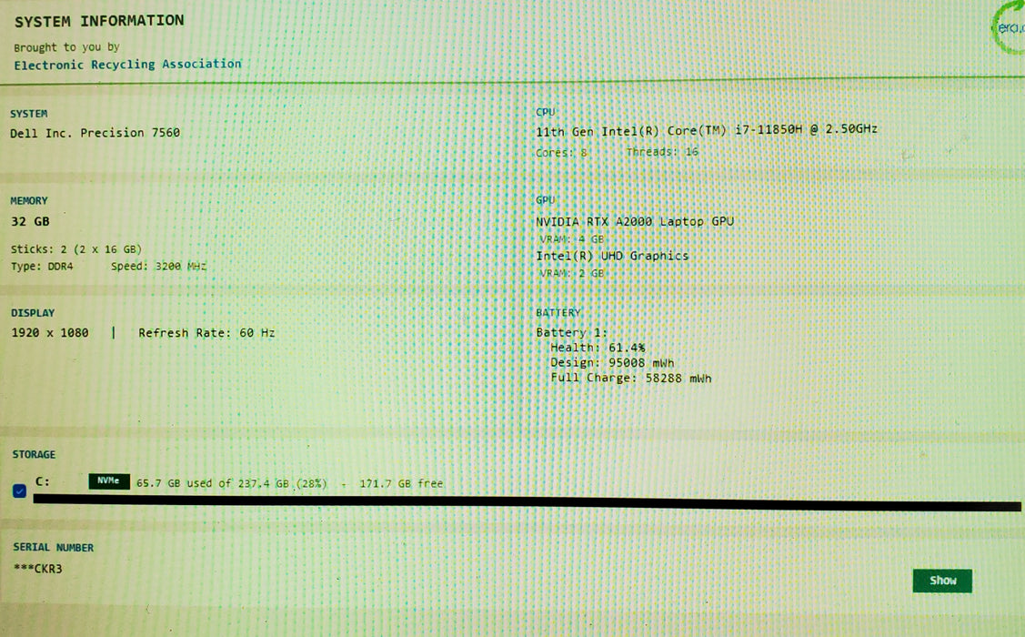 Dell Precision 7560 i7-11850H RTX A2000 4GB GPU 32GB RAM 256GB SSD
