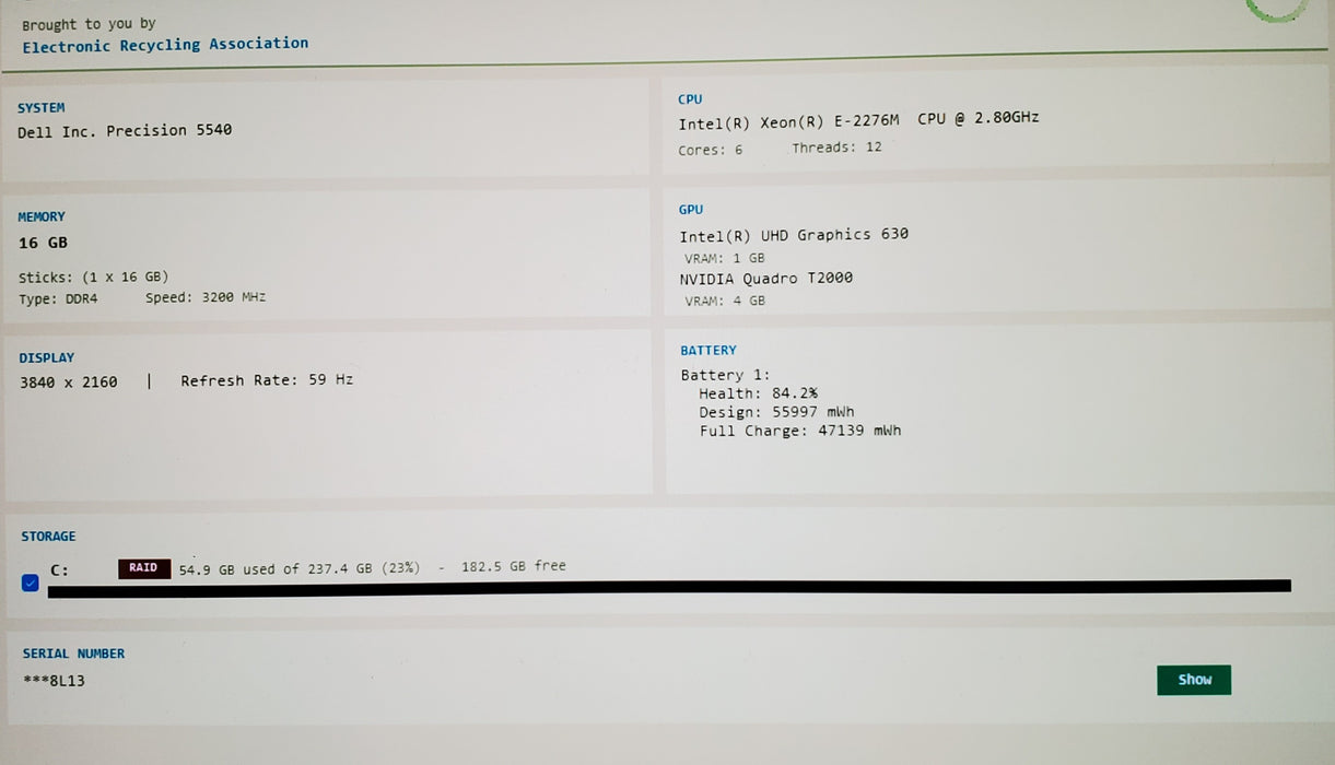 Dell Precision 5540 4K TOUCH Xeon E-2276M 2.8GHz 16GB RAM 256GB SSD T2000 READ