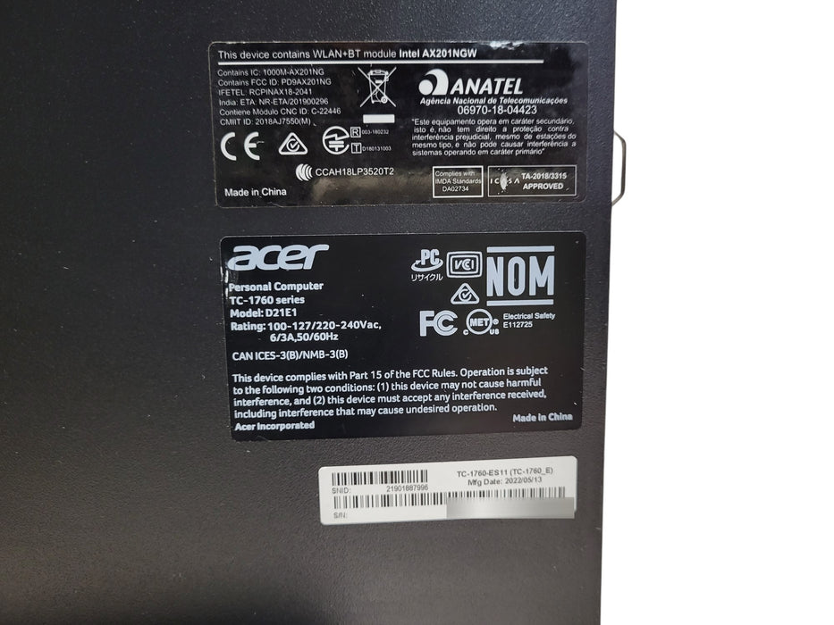 Acer Aspire TC-1760 - Intel Core i5-12400 2.50GHz 16GB RAM 256GB Nvme Wi-Fi