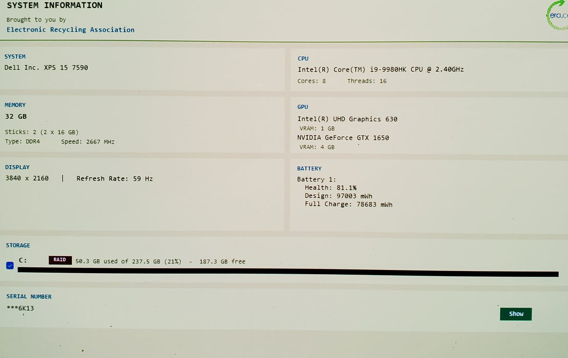 Dell XPS 15 7590 4K 15" i9-9980HK GTX1650 4GB GPU 32GB RAM 256GB SSD READ