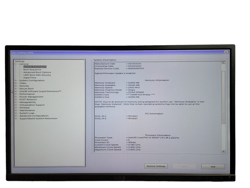 Dell OptiPlex 7070 i5 - 9500T CPU @ 2.20GHz 16GB  DDR4 Ram QÎ¸