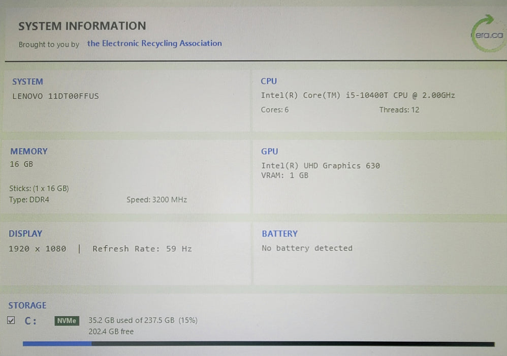 Lenovo ThinkCentre M70q, Core i5-10400T 2.00GHz 16GB RAM 256GB NVMe SSD Wi-Fi