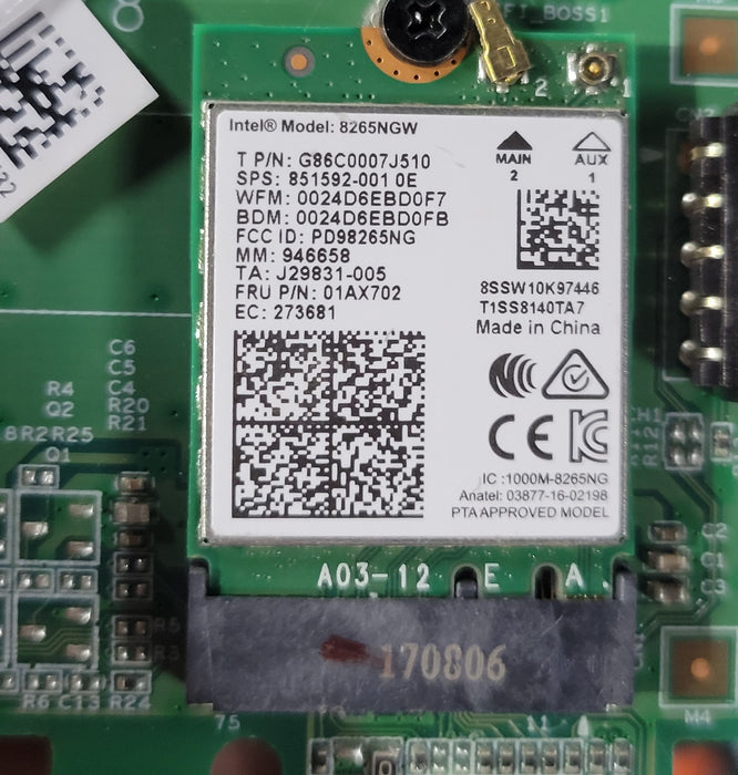Lenovo 01AJ812 Intel 8265NGW PCIe x1 Wi-Fi Bluetooth Adapter Card