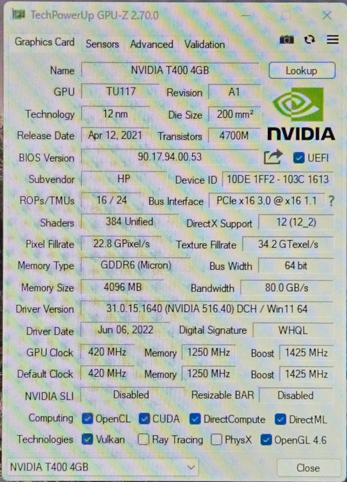 NVIDIA T400 4GB GDDR6 Low Profile Graphics Card - 3x Mini DisplayPort