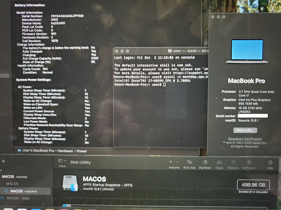 Apple MacBook Pro A1989 13" 2018 i7-8559U 16GB RAM 500GB SSD READ NO ADAPTER