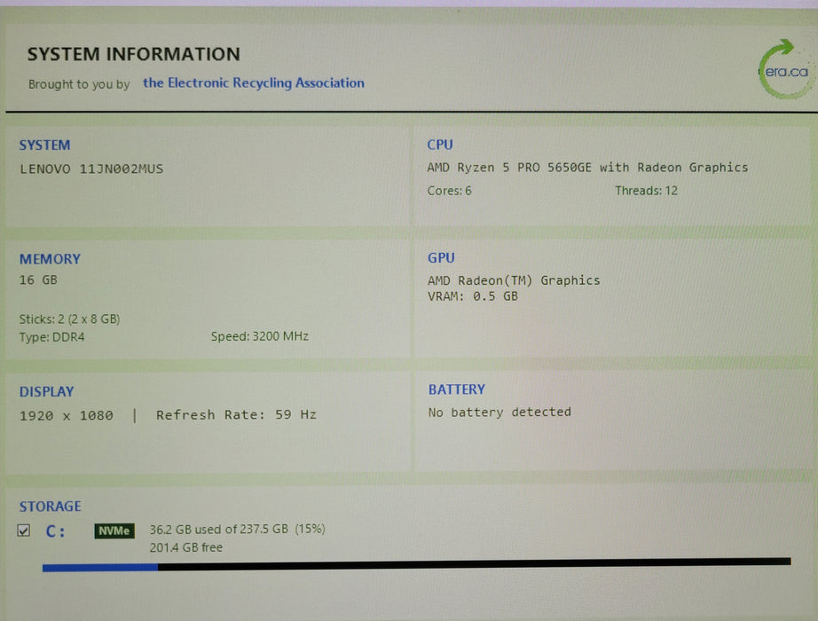 Lenovo ThinkCentre M75q Gen 2  Ryzen 5 PRO 5650GE, 16GB DDR4, 256GB NVMe, Wi-Fi