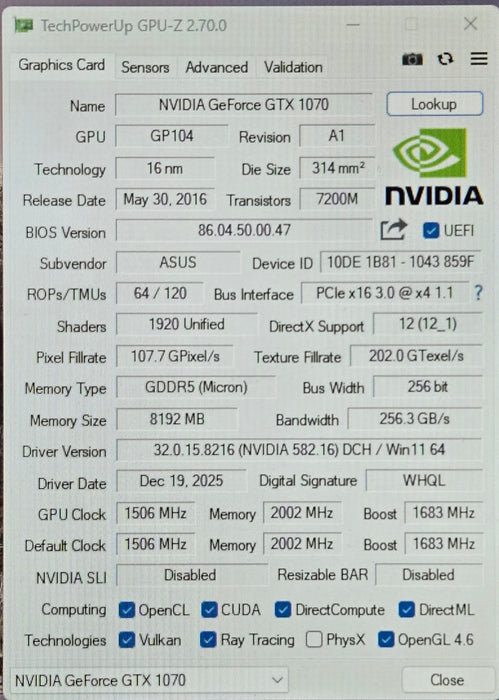 ASUS Dual GeForce GTX 1070 DUAL-GTX1070-8G 8GB GDDR5 Graphics Card