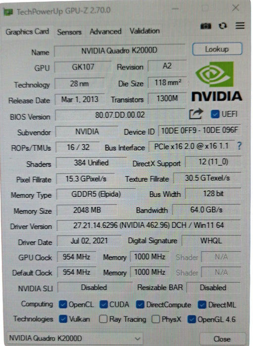 PNY NVIDIA Quadro K2000D - 2GB GDDR5 2x DVI 1x Mini DP PCIe Graphics Card