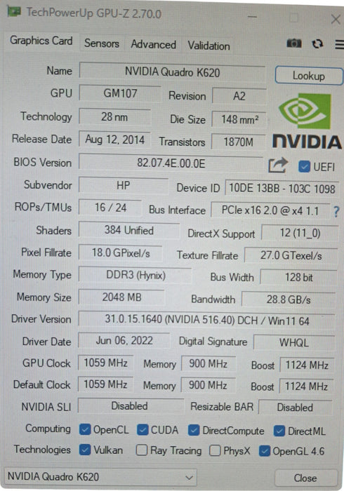 HP NVIDIA Quadro K620 2GB DDR3 PCIe Graphics Card 764898-001