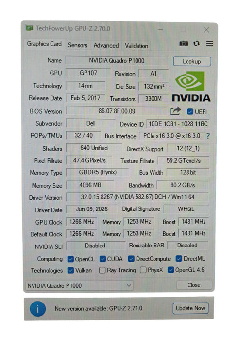 NVIDIA Quadro P1000 4GB GDDR5 Graphics Card 0R27V4