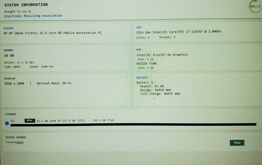 HP ZBook Firefly 14" G8 i7-1165G7 2.80GHz 16GB RAM 256GB SSD nvidia T500 READ