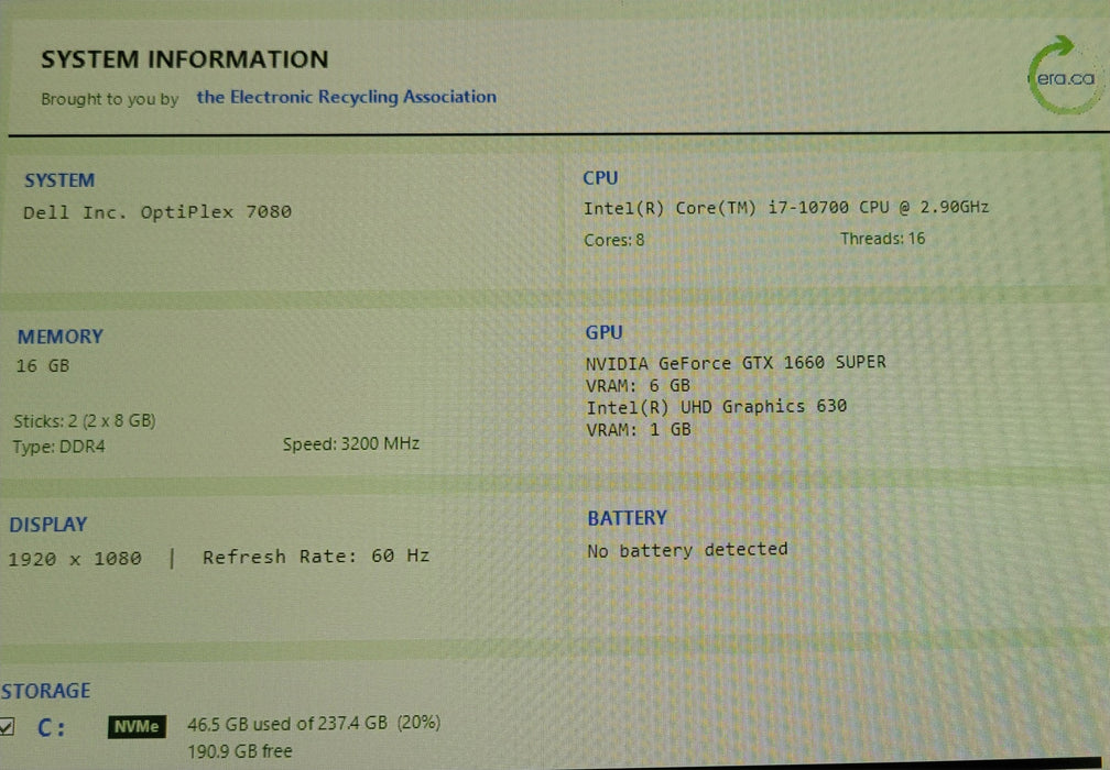 Dell OptiPlex 7080 Tower, Core i7-10700 16GB RAM 256GB NVMe SSD GTX 1660 SUPER