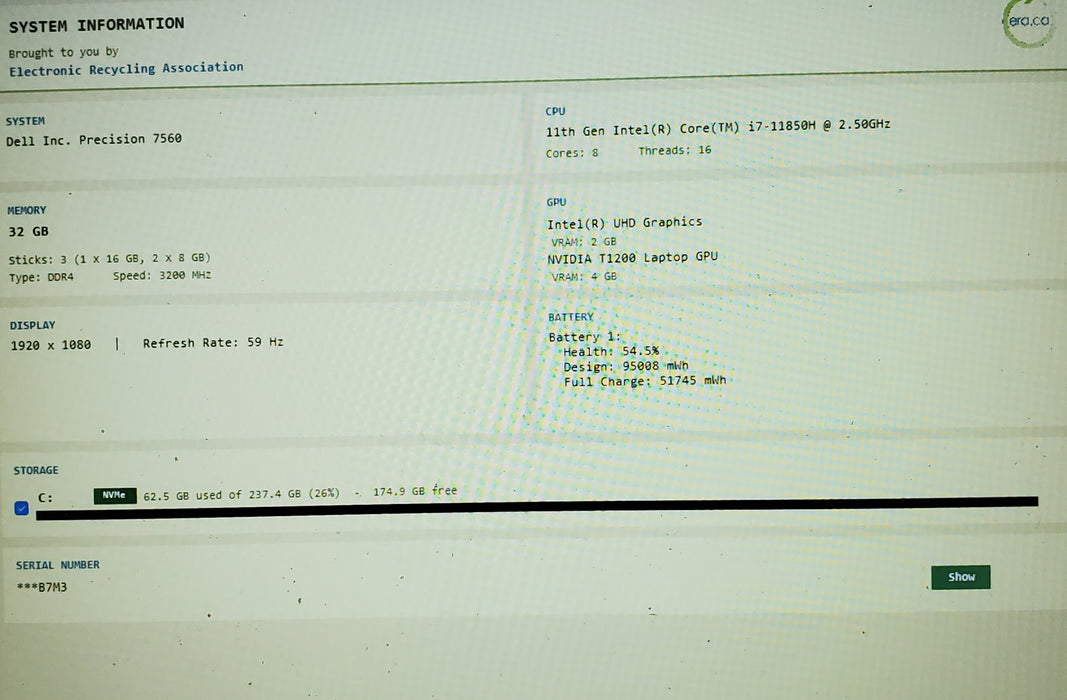 Dell Precision 7560 i7-11850H 32GB DDR4 Quadro T1200 256GB NVMe READ