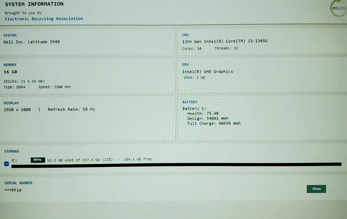 Dell Latitude 5540 15" i5-1345U 16GB DDR4 256GB NVMe no power adapter