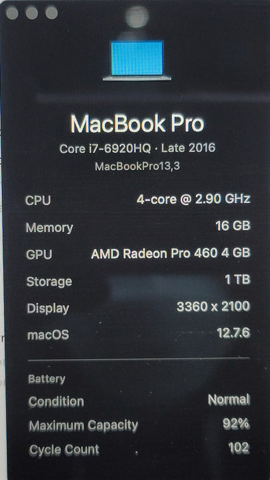 Apple MacBook Pro 2016 13.3" A1707 i7-6920HQ 16GB RAM 4GB Radeon Pro 460 1TB SSD